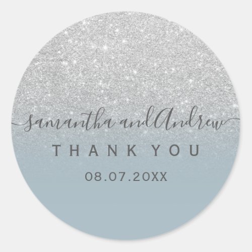 Silver glitter dusty blue script Thank you Classic Round Sticker