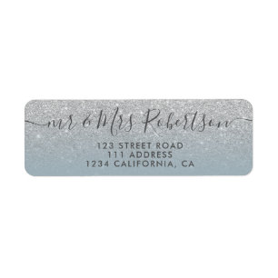 Silver glitter dusty blue script wedding label