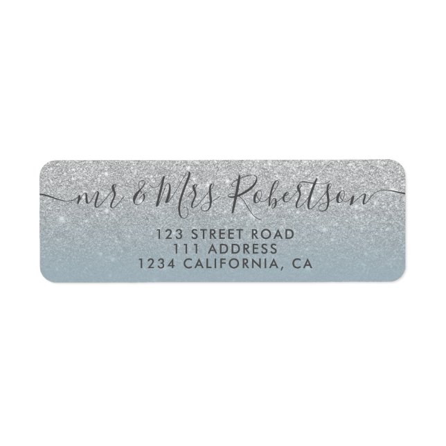 Silver glitter dusty blue script wedding label (Front)
