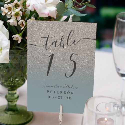 Silver glitter dusty blue script wedding table table number