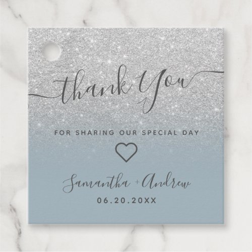 Silver glitter dusty blue thank you wedding favor tags