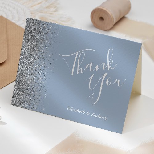 Silver Glitter Dusty Blue Wedding Thank You Card