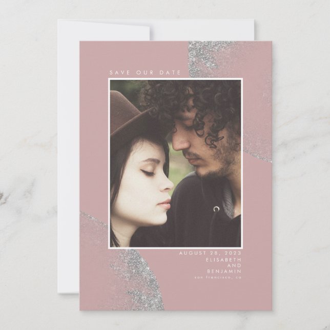 Silver Glitter Dusty Pink Save the Date Photo (Front)