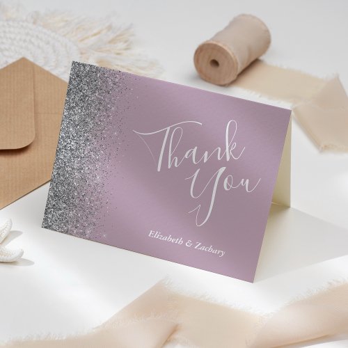 Silver Glitter Dusty Purple Wedding Thank You Card