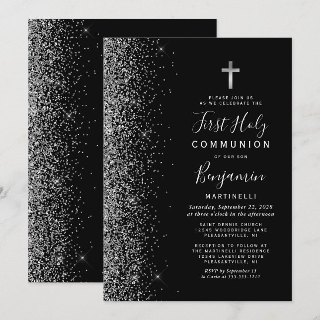 Silver Glitter Edge Black First Holy Communion Invitation (Front/Back)