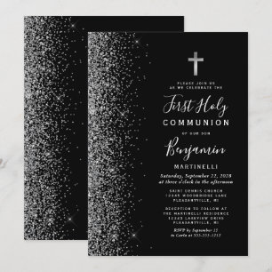 Silver Glitter Edge Black First Holy Communion Invitation