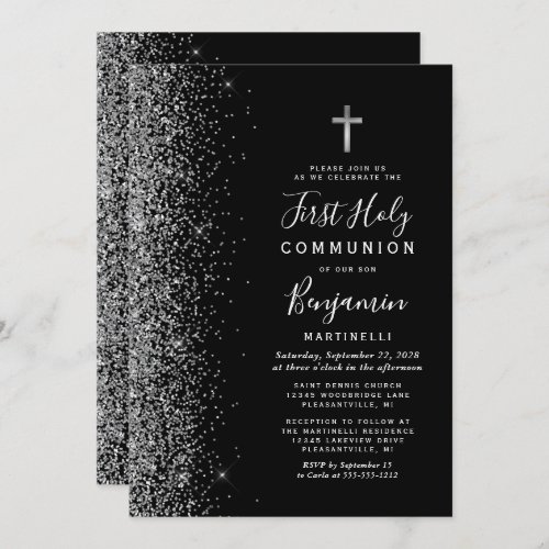 Silver Glitter Edge Black First Holy Communion Invitation