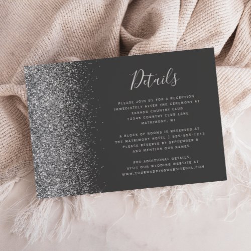 Silver Glitter Edge Charcoal Gray Wedding Details Enclosure Card