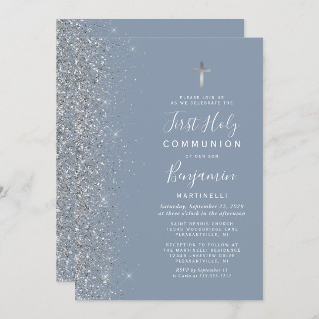 Silver Glitter Edge Dusty Blue First Communion Invitation (Front/Back)
