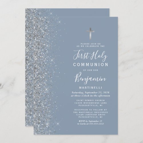Silver Glitter Edge Dusty Blue First Communion Invitation