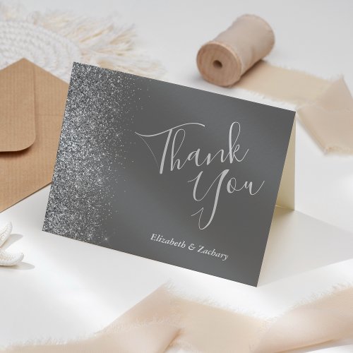 Silver Glitter Edge Gray Wedding Thank You Card