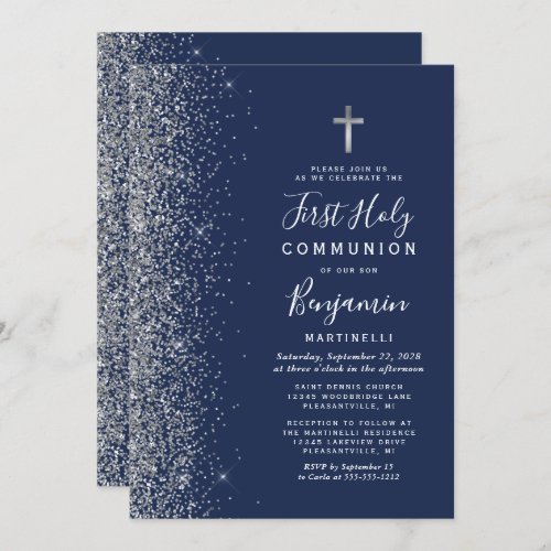 Silver Glitter Edge Navy Blue First Holy Communion Invitation
