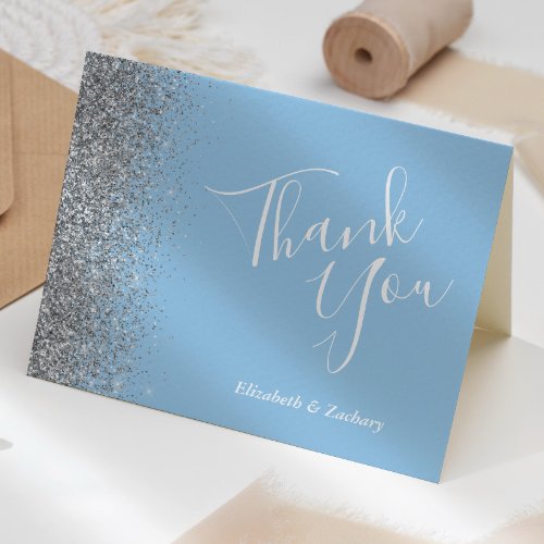Silver Glitter Edge Pastel Blue Wedding Thank You Card