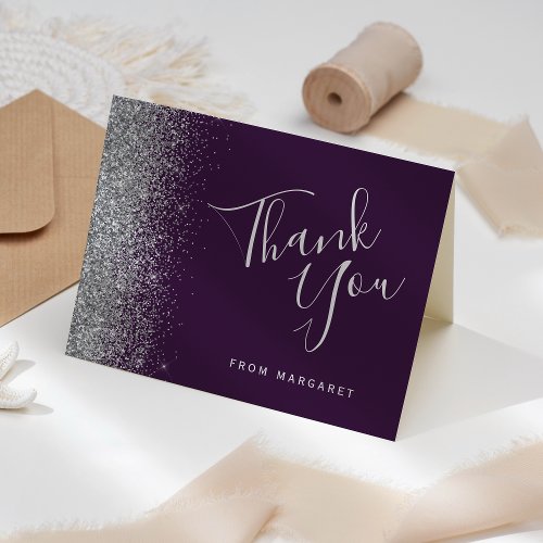 Silver Glitter Edge Purple Birthday Thank You Card