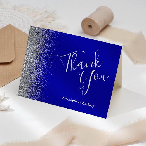 Silver Glitter Edge Royal Blue Wedding Thank You Card