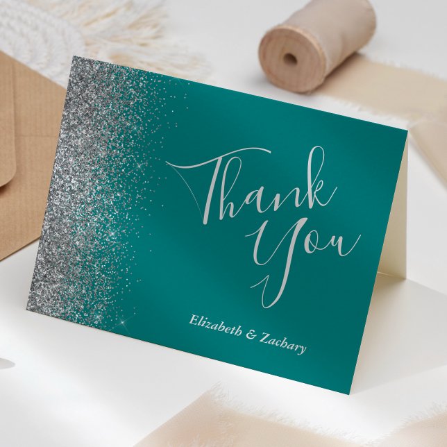 Silver Glitter Edge Teal Blue Wedding Thank You Card (Creator Uploaded)