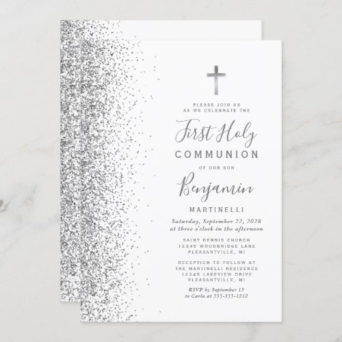 Silver Glitter Edge White First Holy Communion Invitation