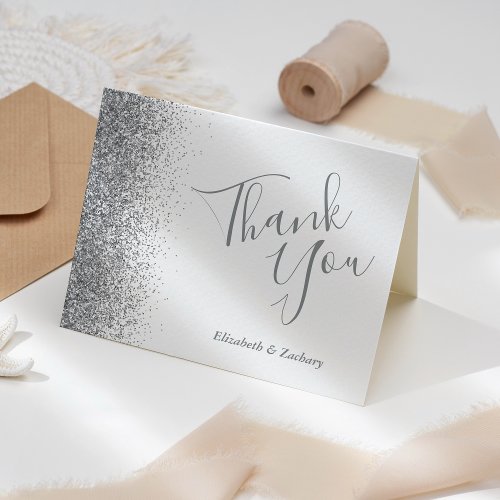 Silver Glitter Edge White Wedding Thank You Card