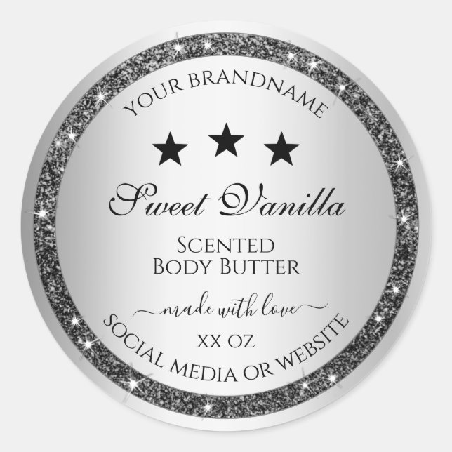 Silver Glitter Effect Product Packaging Labels (Front)