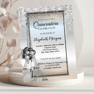 Silver Glitter Eiffel Tower,Balloons Quinceañera Invitation