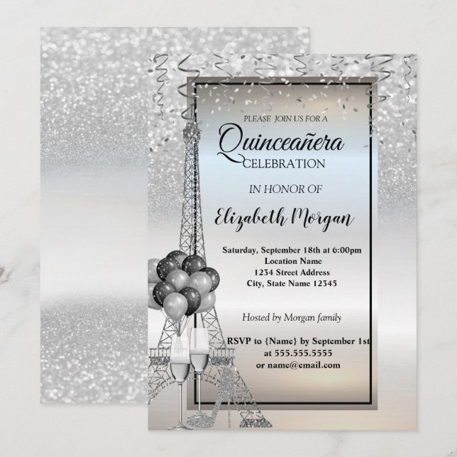 Silver Glitter Eiffel Tower,Balloons Quinceañera Invitation (Front/Back)