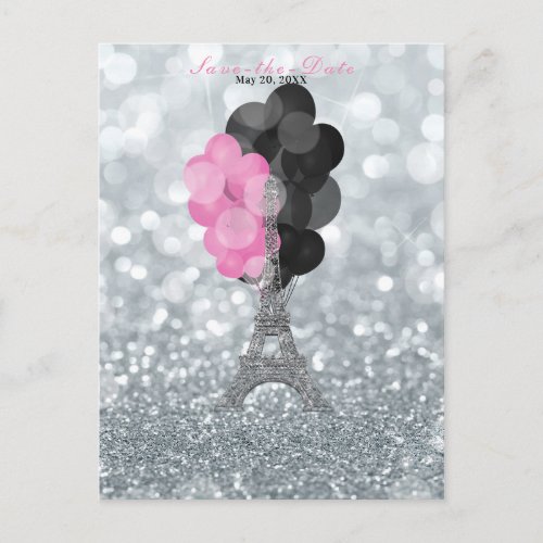 Silver Glitter Eiffel Tower Balloons Save the Date Announcement Postcard