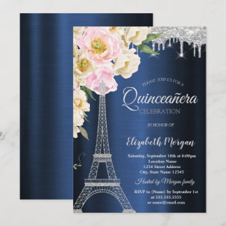 Silver Glitter Eiffel Tower,Drips Blue Quinceañera Invitation