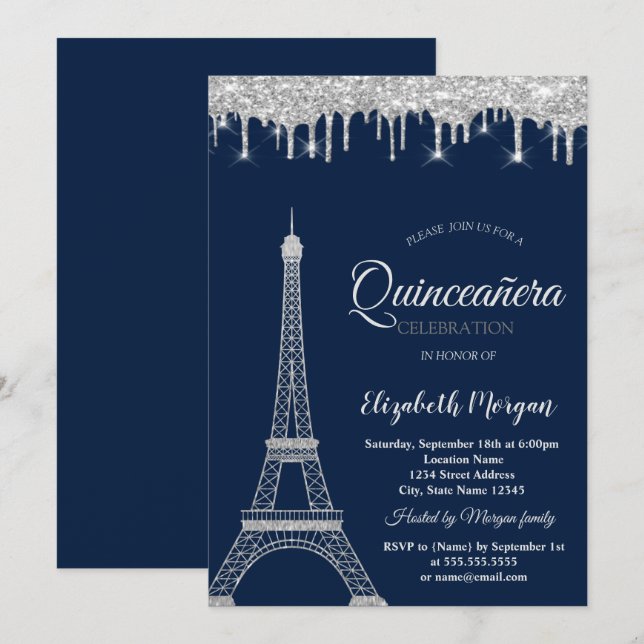 Silver Glitter Eiffel Tower,Drips Quinceañera Invitation (Front/Back)