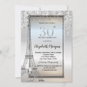 Silver Glitter Eiffel Tower,Glass,Heel 30th Invitation