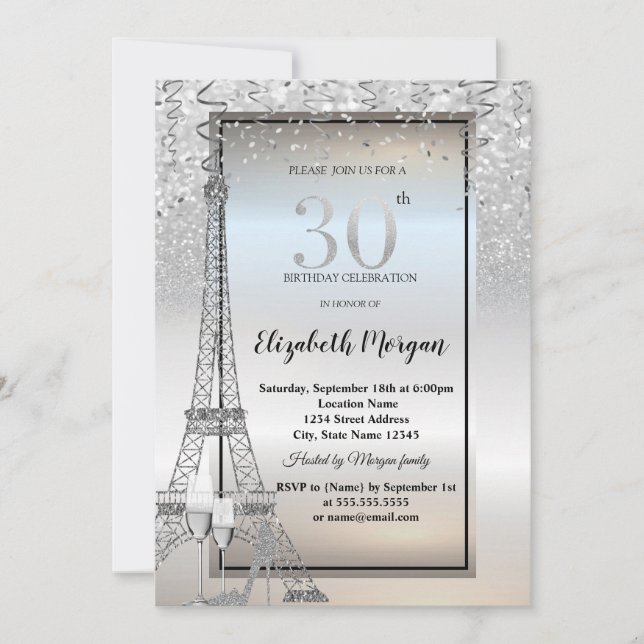 Silver Glitter Eiffel Tower,Glass,Heel 30th Invitation (Front)