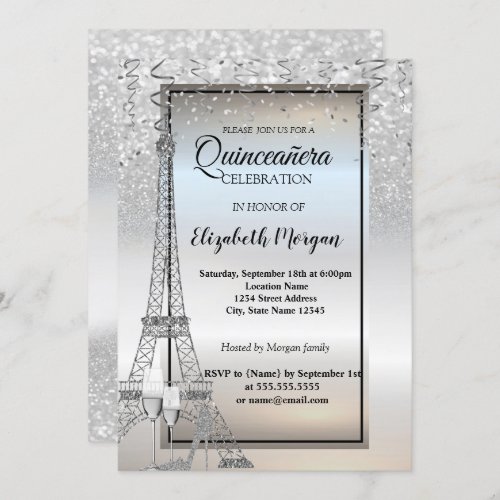 Silver Glitter Eiffel TowerGlassHeel Quinceaera Invitation