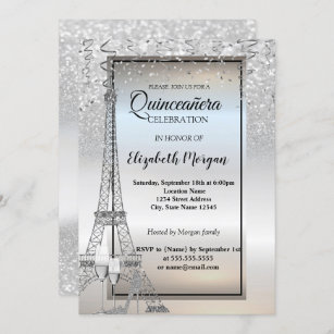 Silver Glitter Eiffel Tower,Glass,Heel Quinceañera Invitation