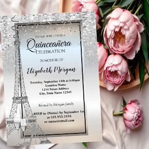 Silver Glitter Eiffel Tower,Glass,Heel Quinceañera Invitation