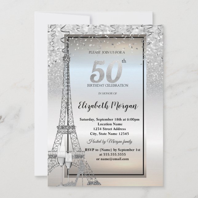 Silver Glitter Eiffel Tower,Glass,Heels 50th Invitation (Front)