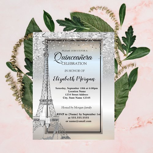 Silver Glitter Eiffel TowerGlass Quinceaera Invitation