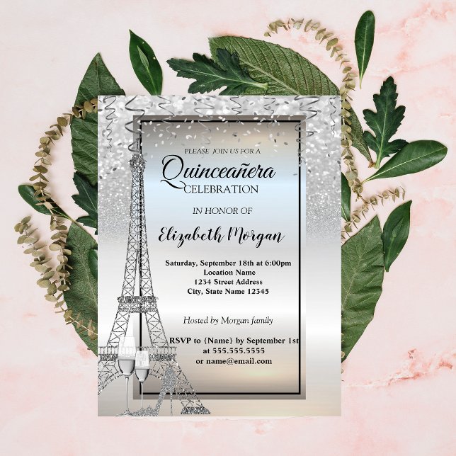 Silver Glitter Eiffel Tower,Glass Quinceañera Invitation (Creator Uploaded)