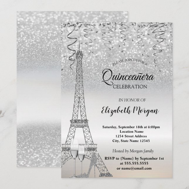 Silver Glitter Eiffel Tower,Heel,Glass Quinceañera Invitation (Front/Back)