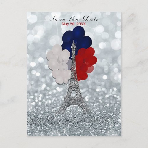 Silver Glitter Eiffel Tower Red Blue Save the Date Announcement Postcard