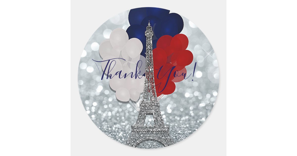 Silver Glitter Eiffel Tower Red White Blue Party Classic Round Sticker ...