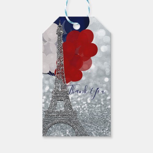 Silver Glitter Eiffel Tower Red White Blue Party Gift Tags