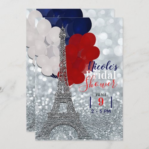 Silver Glitter Eiffel Tower Red White Blue Party Invitation