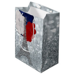 Silver Glitter Eiffel Tower Red White Blue Party Medium Gift Bag