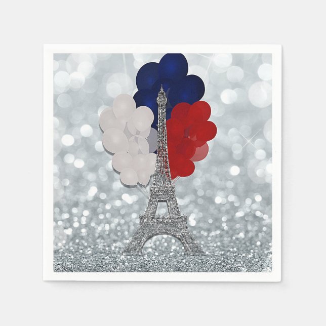Silver Glitter Eiffel Tower Red White Blue Party Napkins (Front)