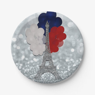 Silver Glitter Eiffel Tower Red White Blue Party Paper Plates