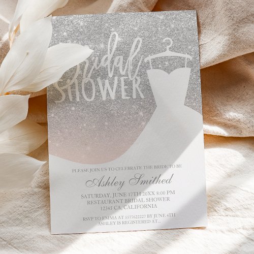 Silver glitter elegant blush dress Bridal shower Invitation