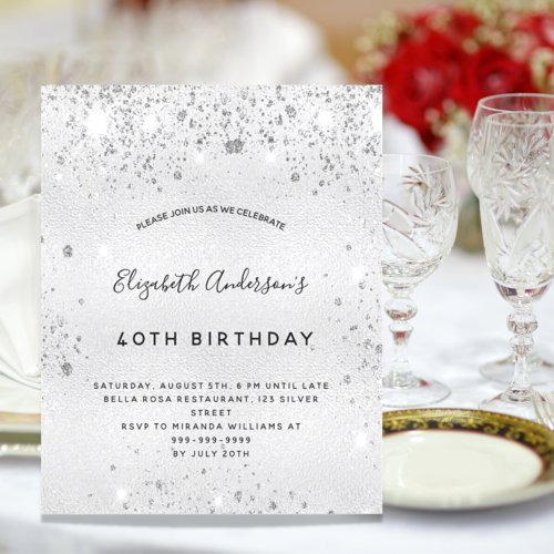 Silver glitter elegant budget birthday invitation