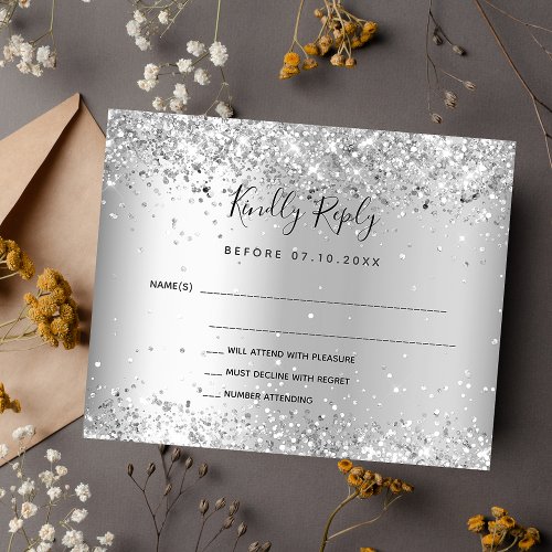 Silver glitter elegant budget wedding RSVP card