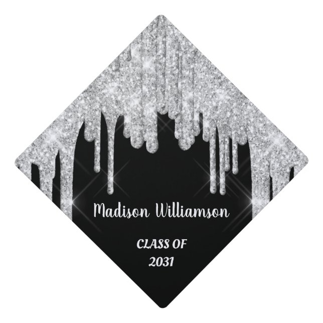 Silver glitter elegant chic typography graduate graduation cap topper (Front)