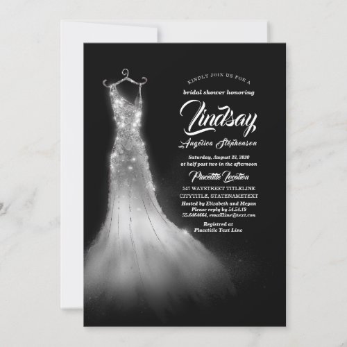 Silver Glitter Elegant Dress Black Bridal shower Invitation