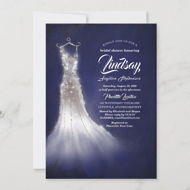 Silver Glitter Elegant Dress Blue Bridal shower Invitation (Front)
